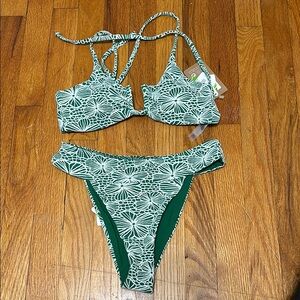 Green and White Patterned Bikini Set